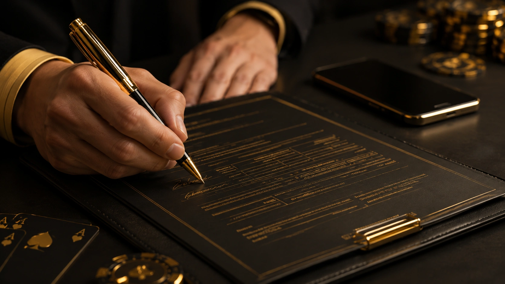 iGaming operator registration document signing with gold pen
