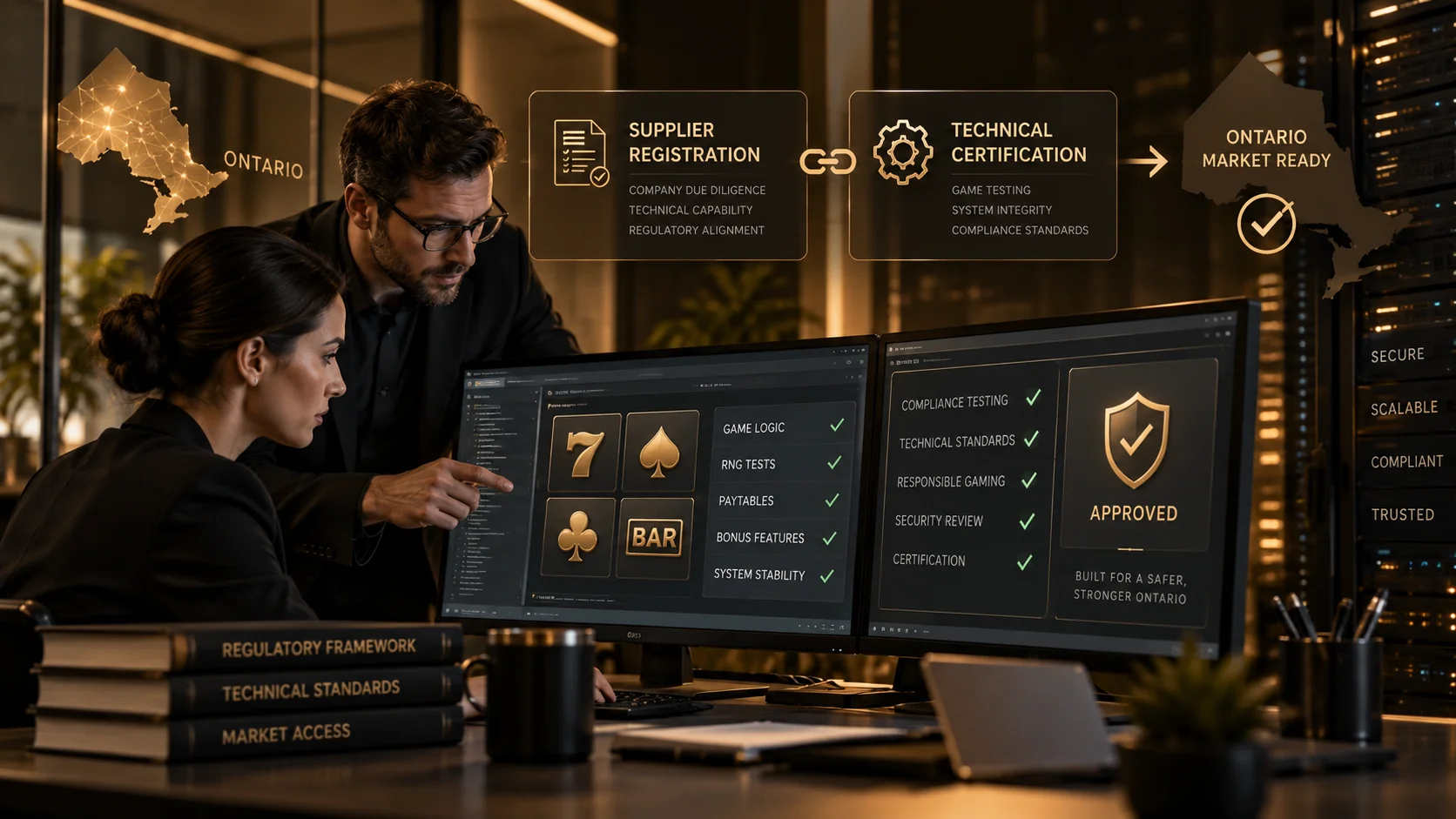 B2B gaming supplier license process showing supplier registration, technical certification, and Ontario market readiness.