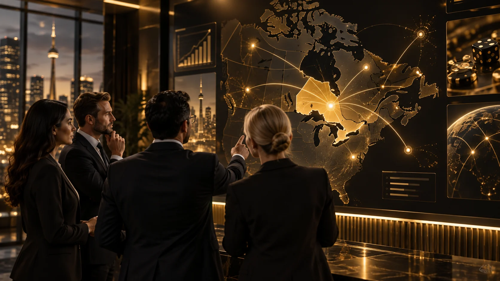 B2B gaming supplier license strategy for Ontario with gaming professionals reviewing market expansion and operator connections.