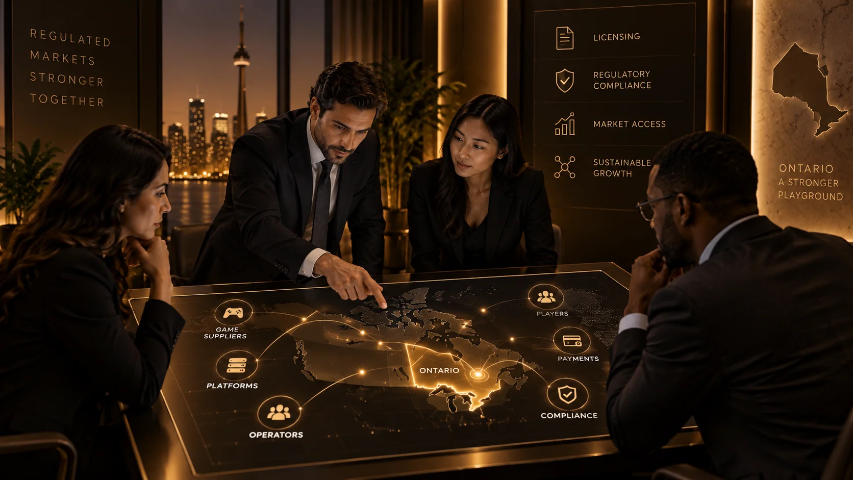 B2B gaming supplier license planning in Ontario with gaming professionals reviewing market access and compliance strategy.