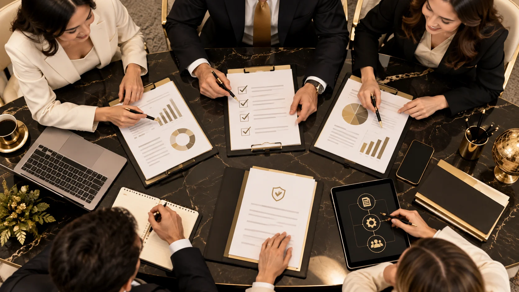 Overhead view of a team checking compliance documents and requirements for an iGaming Operator Registration application.