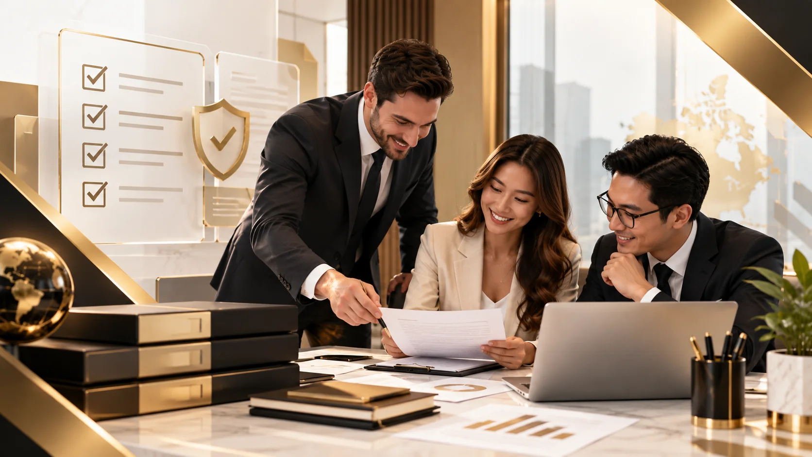 Smiling business professionals reviewing compliance documents and a laptop in a modern office for Canadian iGaming regulatory documentation and compliance support.